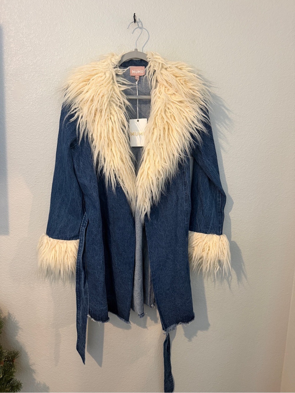 Show Me Your MuMu Blue Denim Jacket with Cream Faux-Fur Trim
